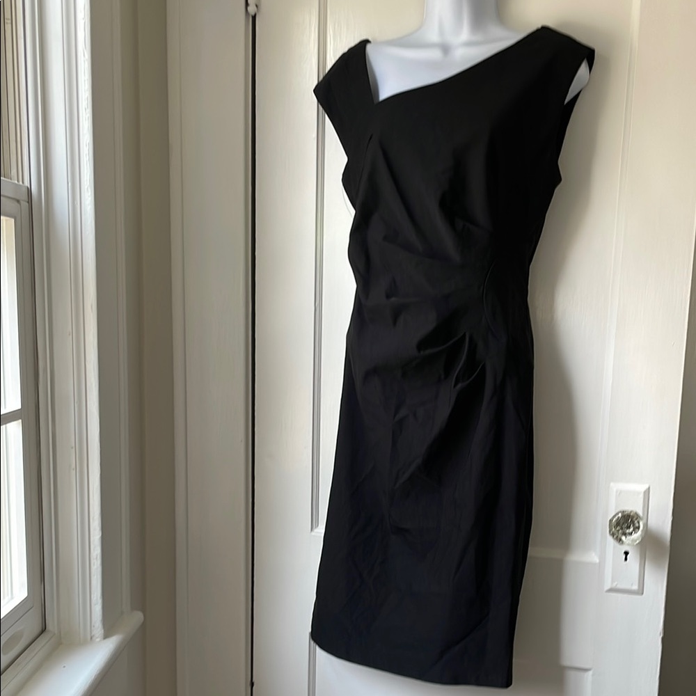 Elegant Curve Hugging Black Midi Dress Ruched Side with Asymmetrical Neckline
